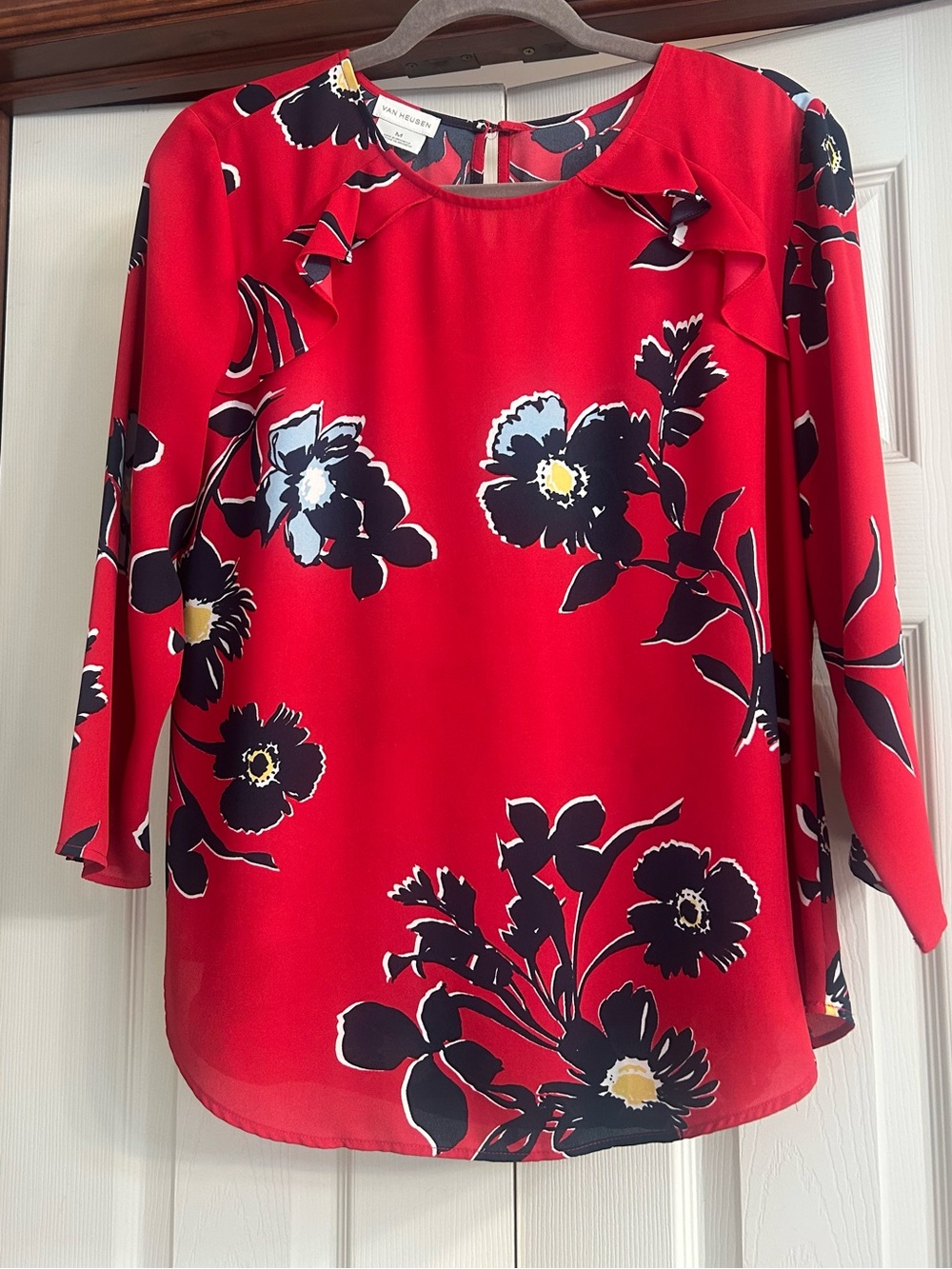 Van Heusen Red Floral Ruffle-Detail Blouse